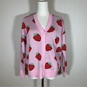 Hot topic Strawberry Pattern Pink Cardigan Sweater size XS oversized cottagecore